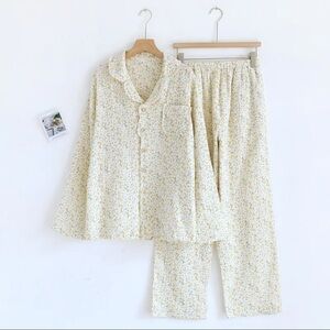 Floral Cream Pajama Set of Two- Soft Button-Front Top & Elastic Waist Pants